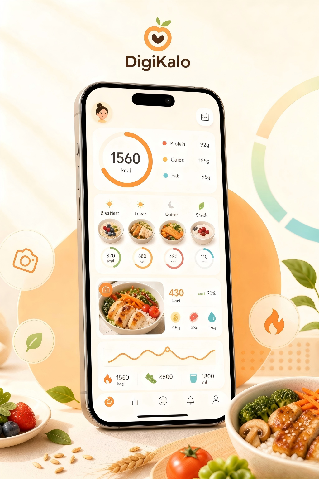 DigiKalo daily dashboard with calorie and macro tracking