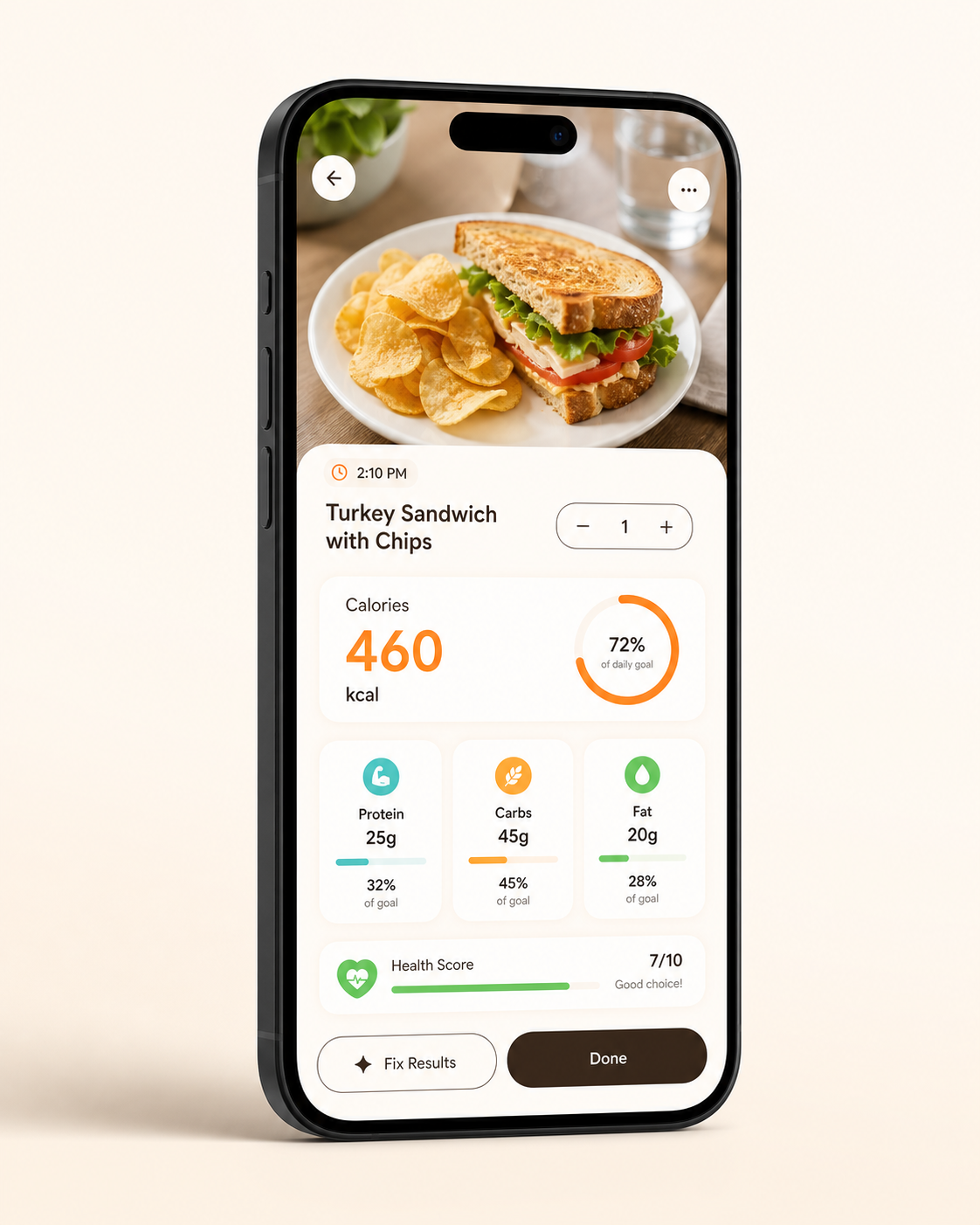 DigiKalo showing calories, macros, and a health score for a photographed meal